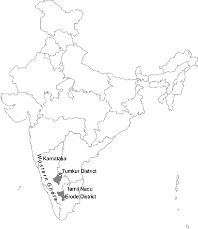 Map of India highlighting Tumkur District within Karnataka State and Erode District within Tamil Nadu State