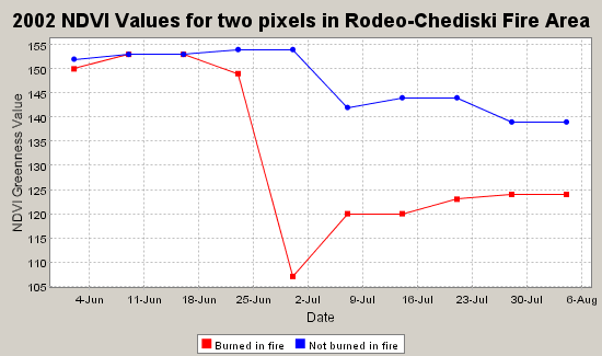 2002 NDVI values for two pixels in the Rodeo-Chediski fire area