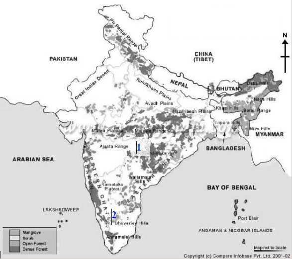 map of India showing forest cover and study sites