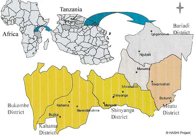 map showing Africa, Tanzania, and the location of Shinyanga District within Tanzania