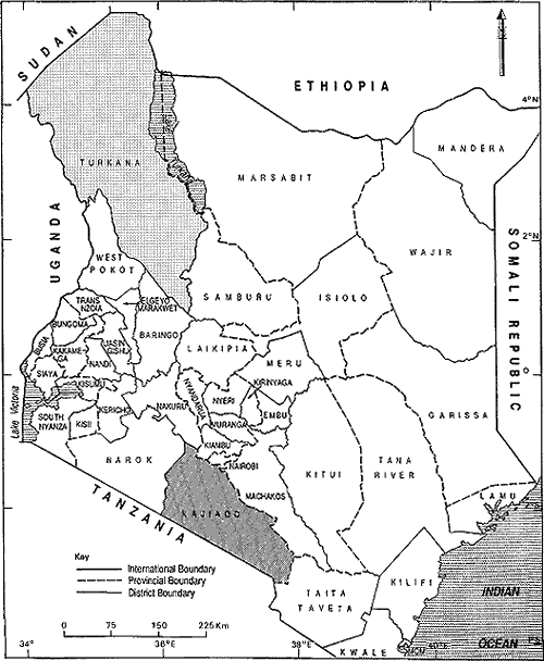line map showing administrative districts of Kenya, including the two districts in which research for this study were carried out.