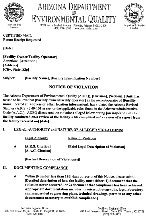 First page of Notice of Violation document