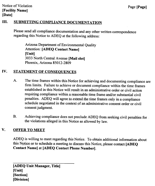 Second page of Notice of Violation document