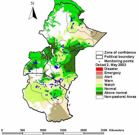 map of the East AFrican LEWS region showing monitoring site locations and regional vegetation responses to rainfall as of mid-May 2003.