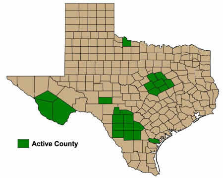  map of Texas indicating counties participating in the Texas LEWS pilot program.