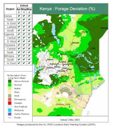 Map of Kenya showing forage  conditions in late April and May, 2003.