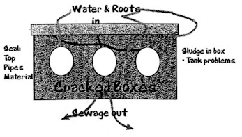 B&W 
  schematic of consequences of a cracked distribution or drop box. Source: National Association of 
  Wastewater Transporters, Inc. <i>Introduction to Proper Onsite Sewage Treatment.</i> 
  St. Paul, MN.