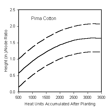 Height to node ratio curve plotted on heat units accumulated after planting for Pima cotton