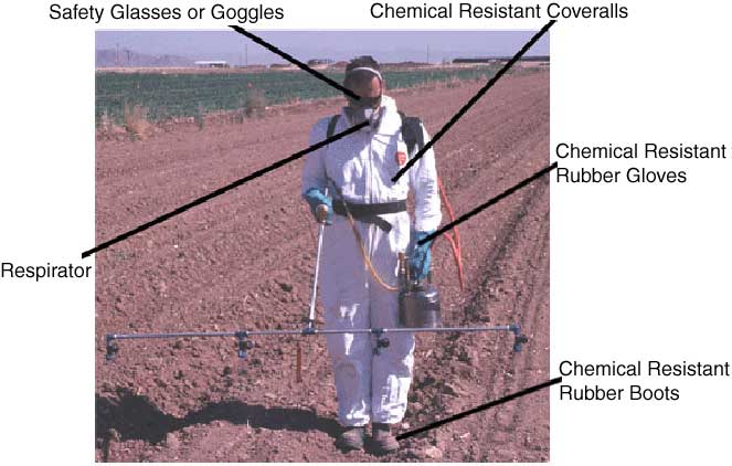 Picture showing a pesticide applicator wearing  the appropriate personal protection equipment (safety glasses or goggles; chemical resistant coveralls, gloves and boots; and a respirator)