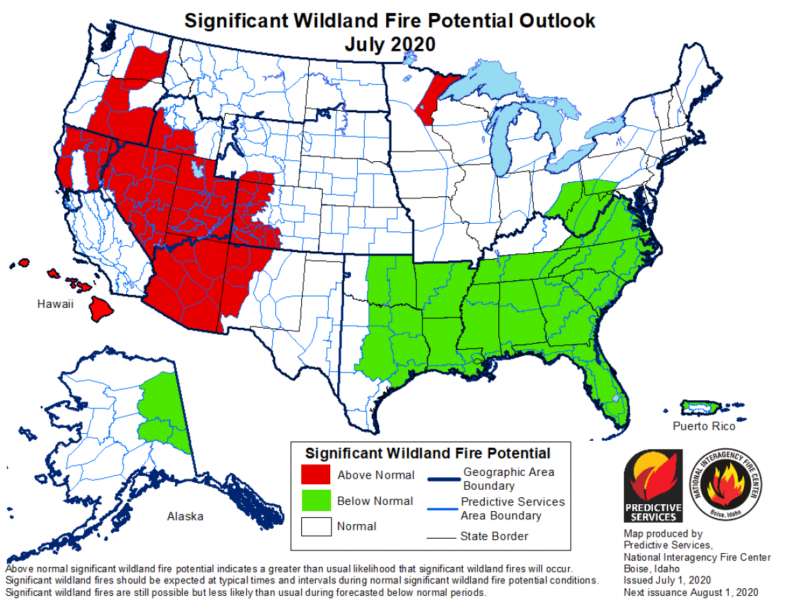 2020 July wildland fire outlook map