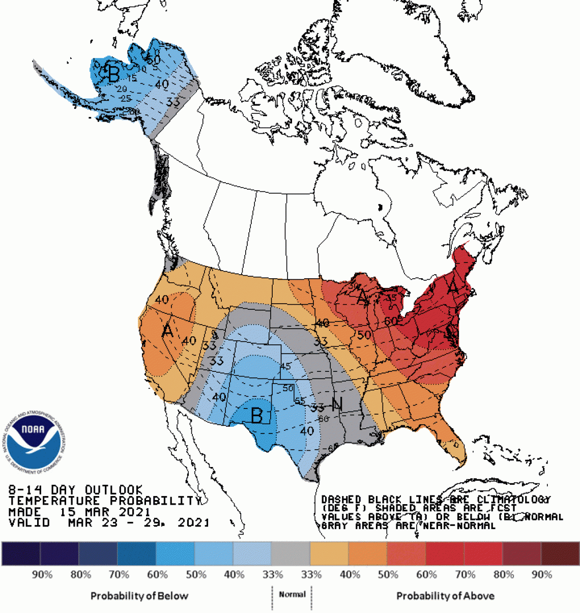 late March temperature outlook map