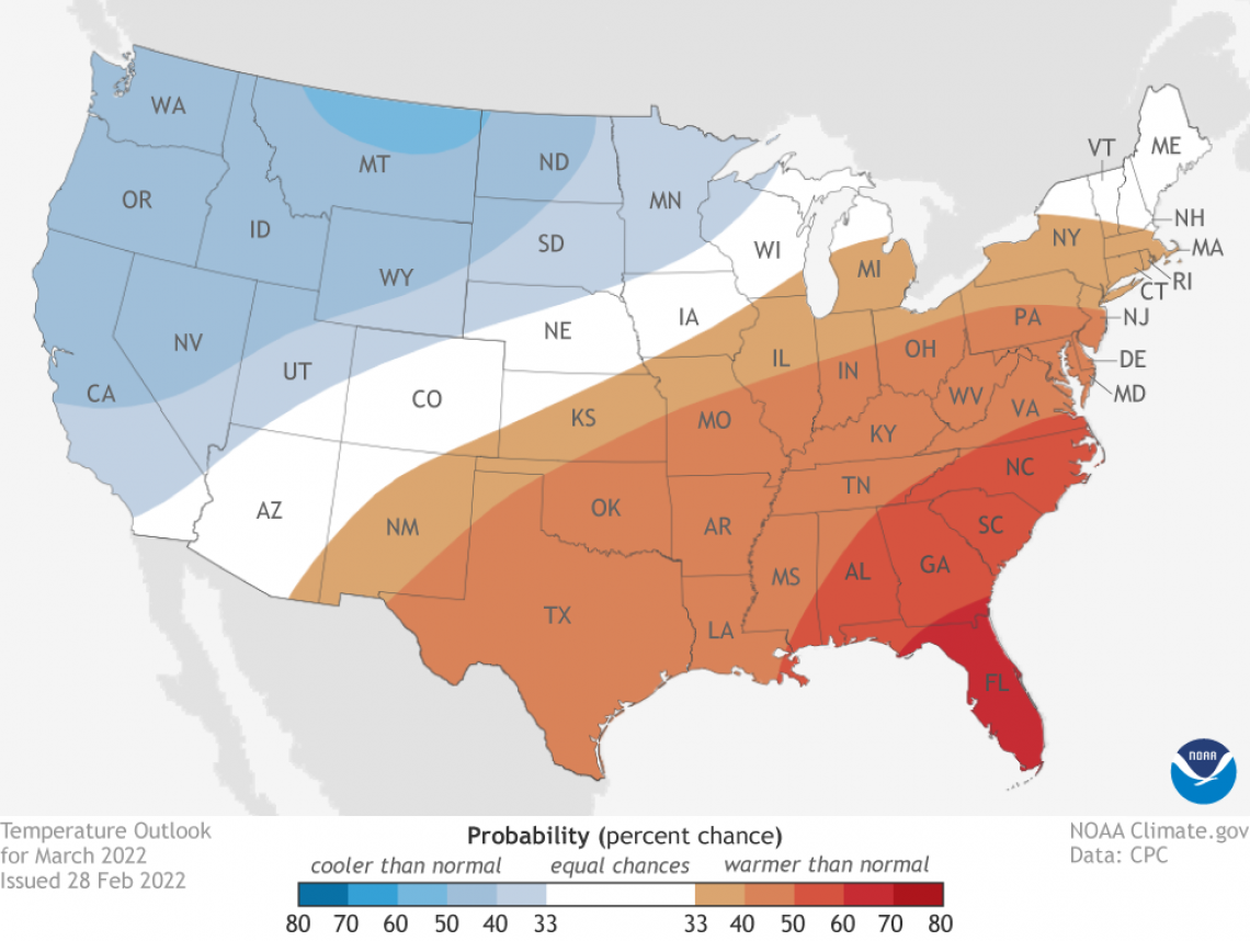 2022 March temperature outlook map