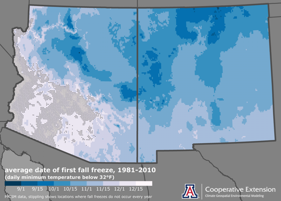 climatological first fall freeze for Arizona and New Mexico